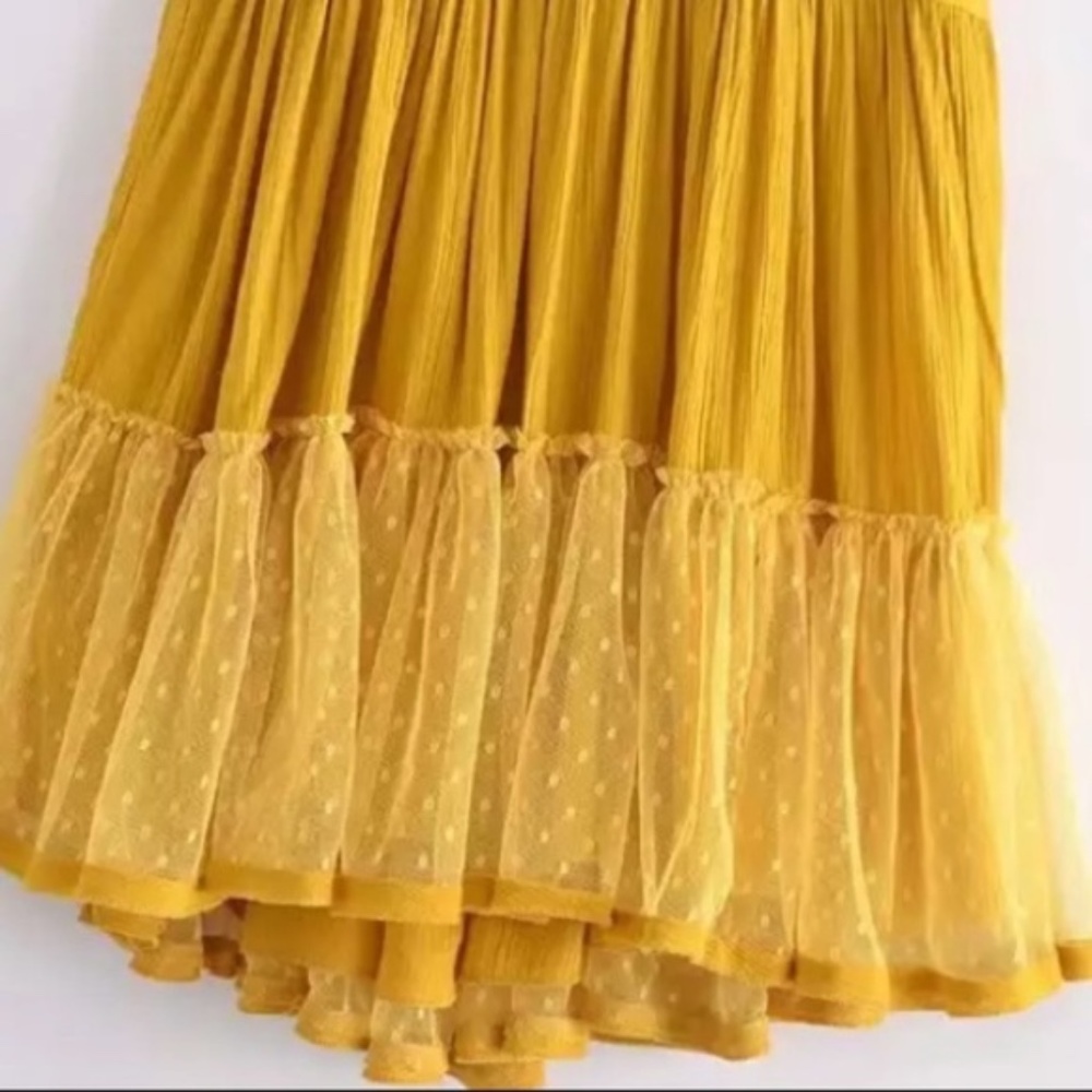 SOLD OUT Mustard Swiss Dot Mesh Ruffle Halter Mini Dress - Picture 7 of 10